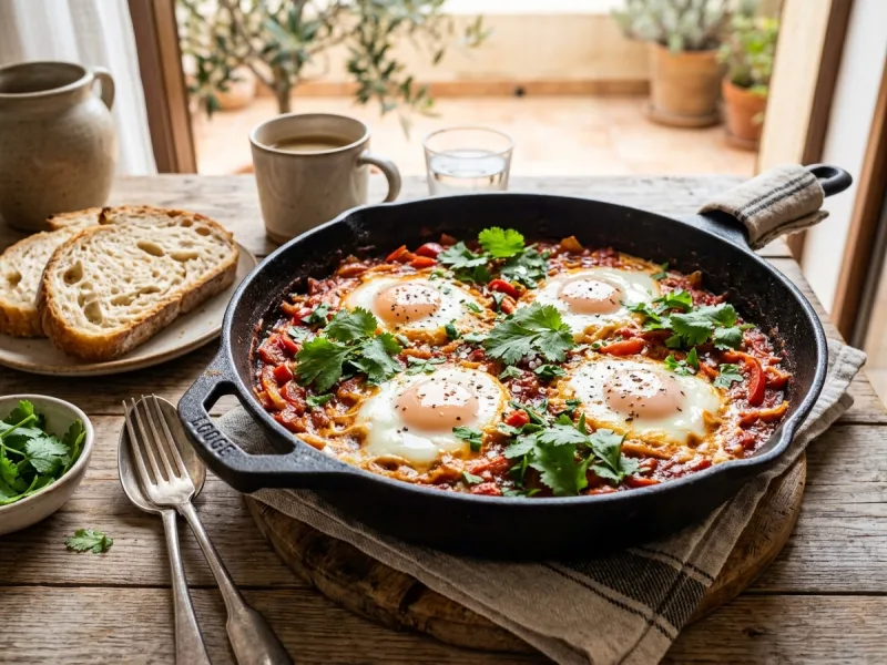 Shakshuka aromată cu ouă poșate în sos de roșii și ardei